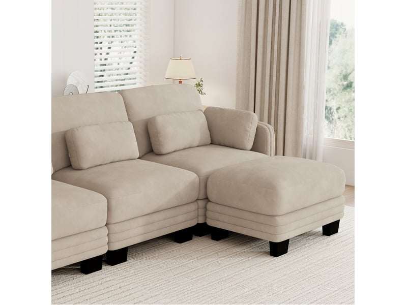 Canapé d’angle modulable 3 places 253x143x88 cm en chenille café clair - Conforama R