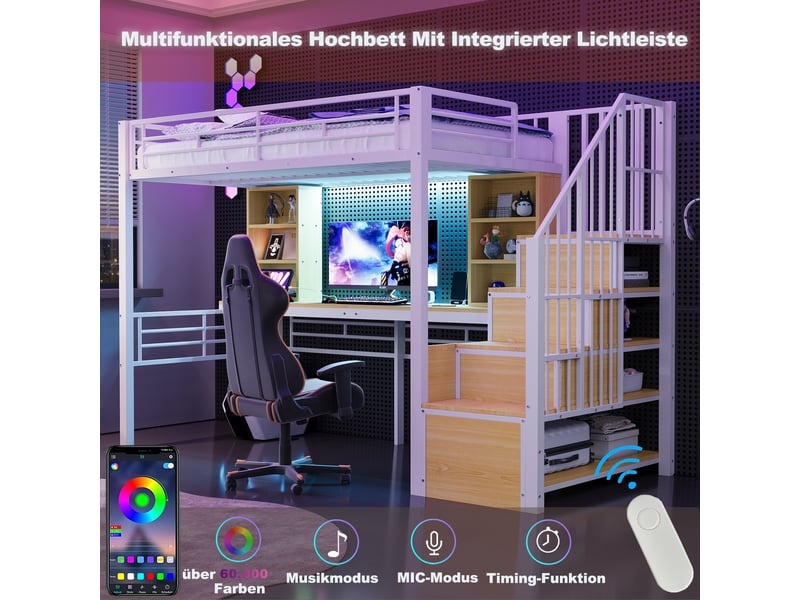  Lit mezzanine métal blanc 90x200 cm, bureau, rangement, escalier réversible, prise et led  - Conforama D