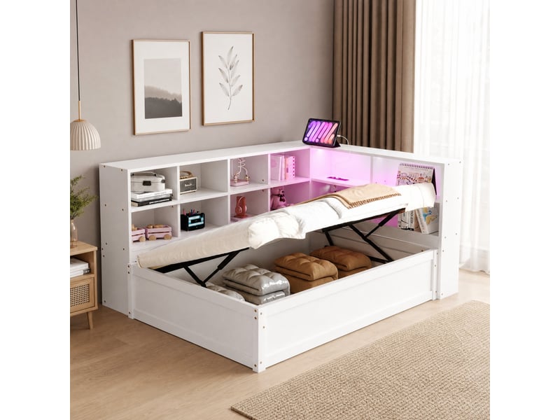  Lit simple 90x200 cm avec rangement et éclairage led en bois blanc  - Conforama C