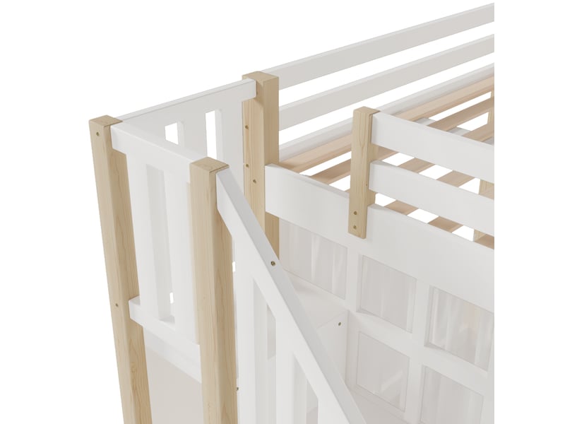  Lit mezzanine enfant 140 x 200 cm avec led, escalier de rangement et rideau en gaze, pin, mdf et contreplaqué, blanc et naturel Fay Lum - Conforama D