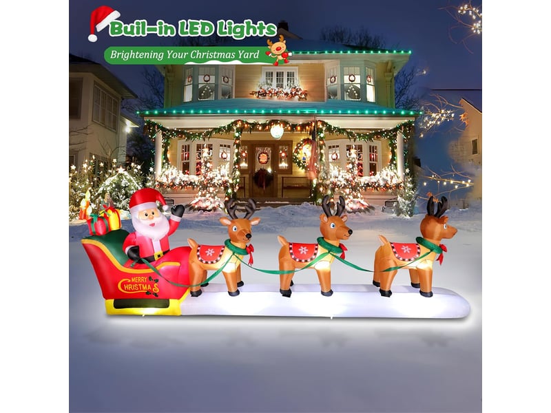  Père noël gonflable 3,7 m avec traîneau et 3 rennes, led, grande décoration de noël pour jardin  - Conforama E