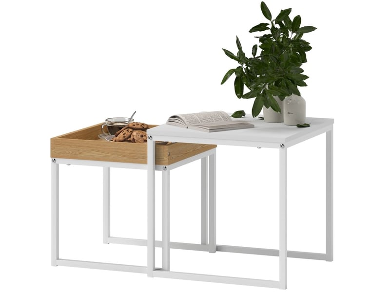  Tables basses gigognes carrées 2 pièces avec plateau amovible, piètement en acier, blanc, 45 × 45 × 45 cm  - Conforama A
