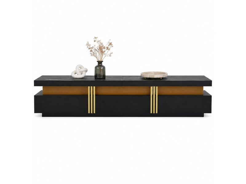  Meuble tv moderne bas 200x40x42 cm, fini noir imitation marbre (non marbre réel), panneaux de particules, avec 3 tiroirs  - Conforama A
