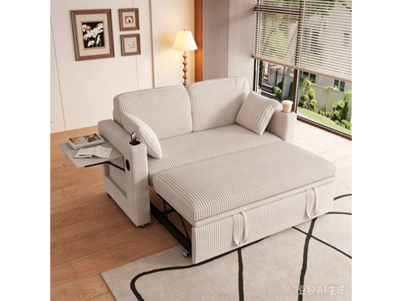  Canapé convertible 2 places en velours côtelé, dossier réglable, coussins, porte-gobelets, tablette et ports usb-c  - Conforama B