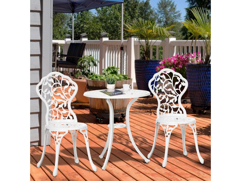  Ensemble de jardin 3 pièces en aluminium blanc, comprenant 2 chaises d'extérieur (45 x 42 x 85,5 cm) et une table ronde (ø 61 x 66,5 cm).  - Conforama C