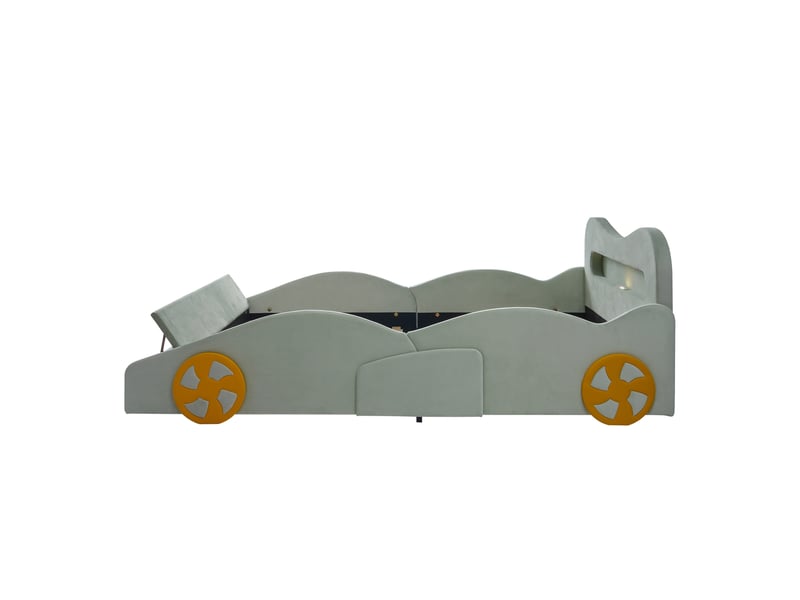  Lit enfant voiture 140x200 cm vert en flanelle, led, usb et coffre de rangement  - Conforama E