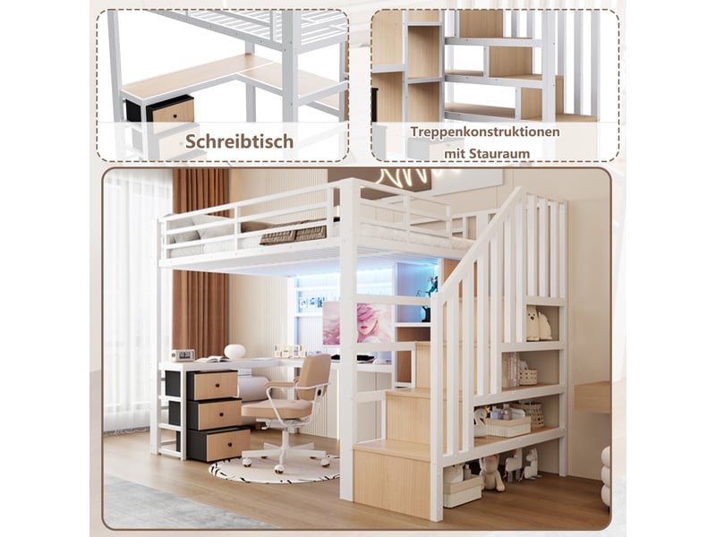 Lit mezzanine 90x200 cm avec bande lumineuse led et 4 tiroirs, lit enfant avec étagère et bureau, lit 2 personnes en blanc - Conforama W