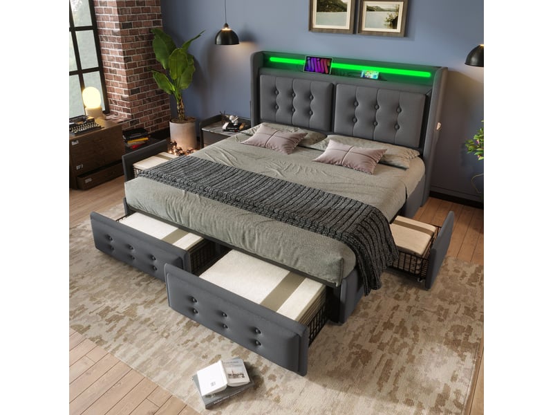  Lit double 140x200 cm tissu gris – matelas inclus, tête led usb-c, 4 tiroirs et sommier boismétal, 300 kg  - Conforama D