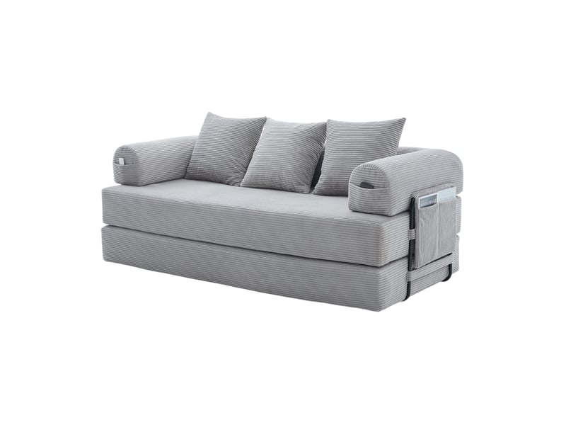 Canapé modulaire avec poches latérales et 3 coussins, structure en métal, en velours côtelé gris clair - Conforama A