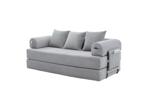 Canapé modulaire avec poches latérales et 3 coussins, structure en métal, en velours côtelé gris clair