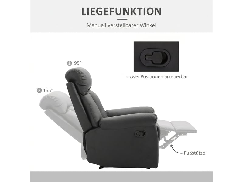  Fauteuil relax - fauteuil tv inclinable avec fonction d'inclinaison, réglable manuellement, fauteuil lounge en similicuir, noir  - Conforama E