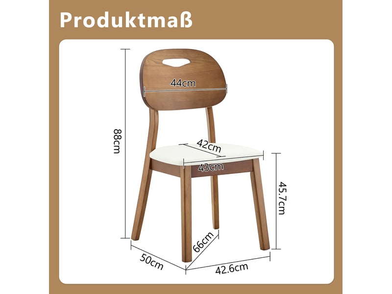  Lot de 2 chaises de salle à manger 44x50x88 cm, bois, chaise de cuisine, dossier ovale avec poignée, assise pu blanc  - Conforama C
