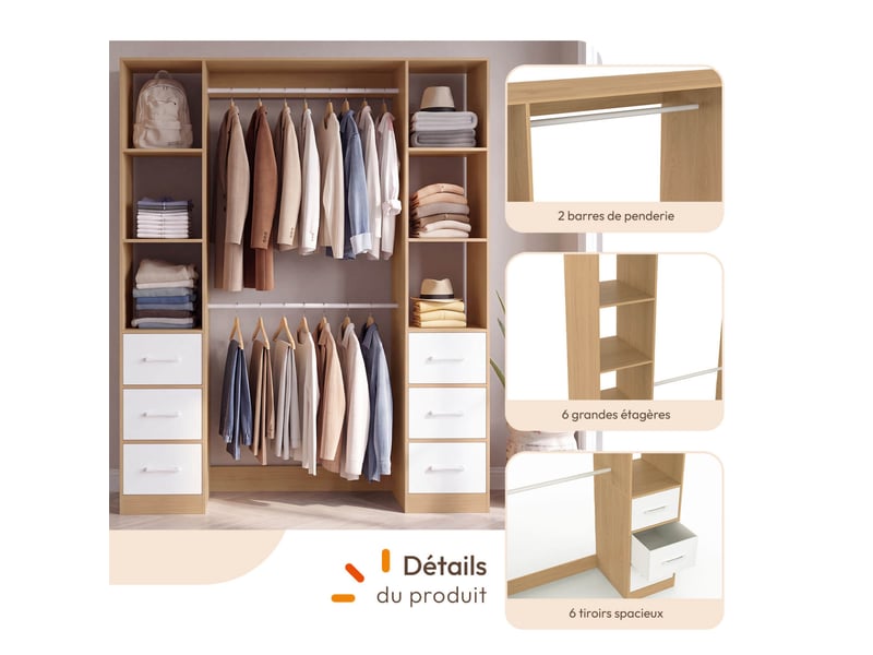  Dressing double penderie + double colonne l. 140 cm uppah avec 6 étagères et 6 bacs en tissu bois et blanc  - Conforama C