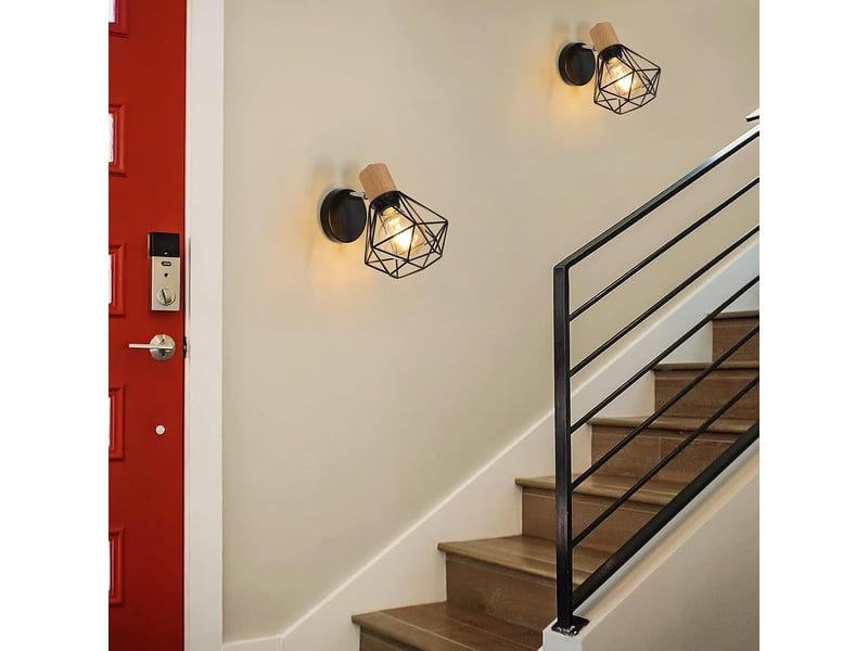 Applique murale de style rétro-industriel - orientable à 360°, en bois - abat-jour cage en métal - finition fer noir - idéale pour les chambres, les couloirs et les salons (ampoule non incluse) - Conforama D