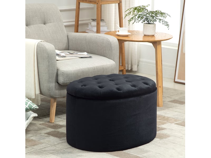  Pouf de rangement ovale 71 x 52 x 42 cm noir en polyester, avec couvercle amovible et capitonnage  - Conforama B