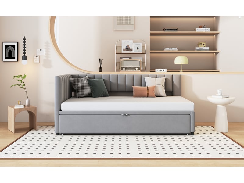  Canapé-lit gigogne 90 x 200 cm extensible à 180 x 200 cm - velours gris, dossier en l  - Conforama W