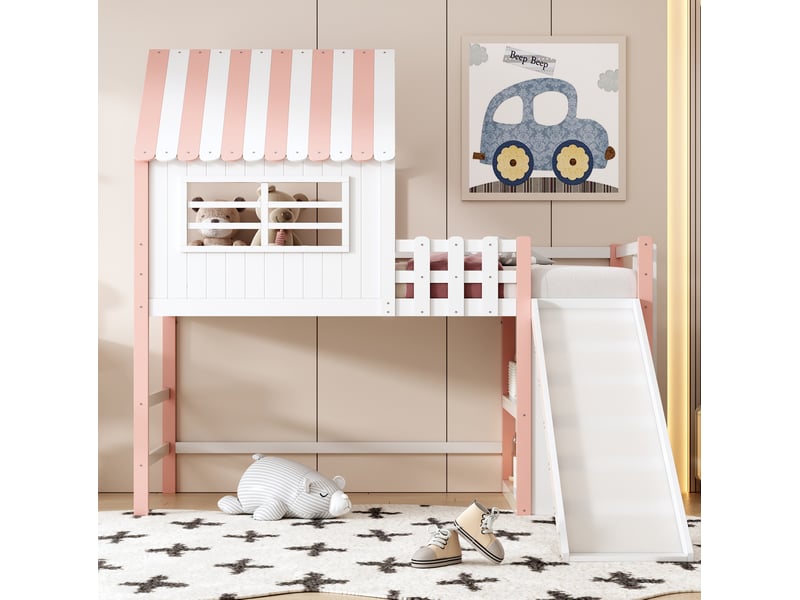  Lit mezzanine enfant 90x200 cm – rose – toit avec toboggan et étagères de rangement - sans matelas  - Conforama B