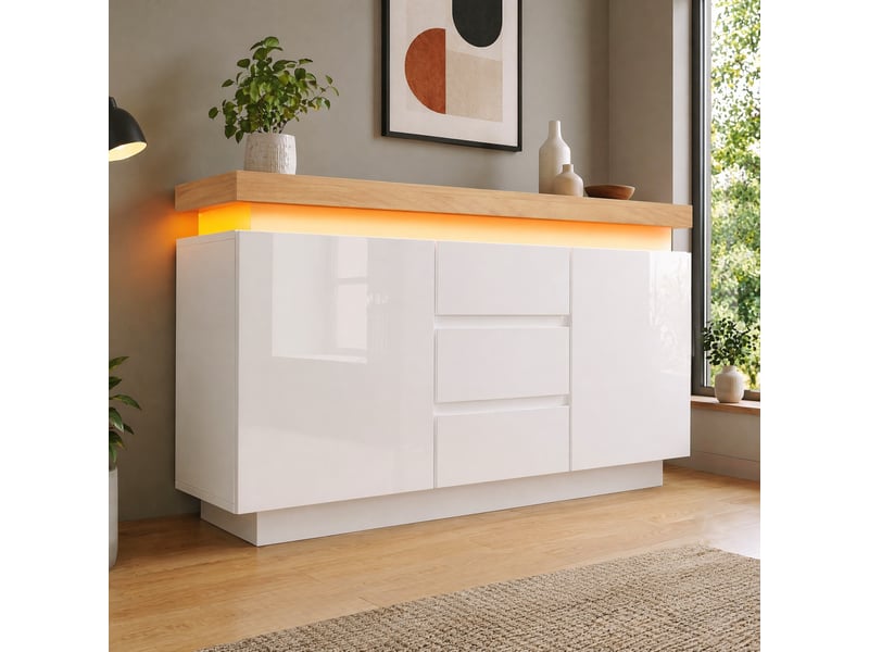  Buffet blanc brillant avec led, 2 portes et 3 tiroirs, 140 x 39 x 81 cm  - Conforama D