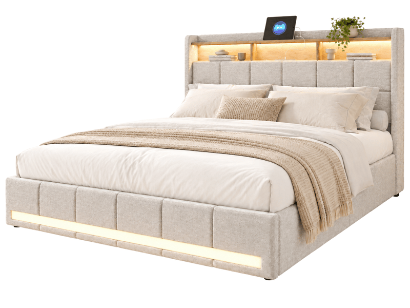  Lit double rembourré 160x200 cm avec éclairage led, lit 2 place avec 4 tiroirs et usb, sommier à lattes en bois  - Conforama A