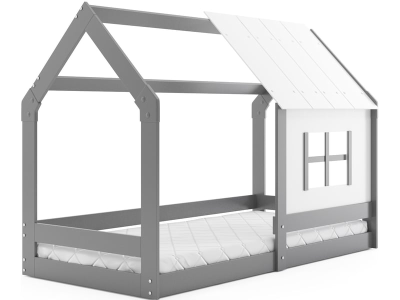 Lit cabane enfant montessori en bois massif gris anthracite avec toit et fenêtre, 80x160 cm – sommier à lattes inclus - Conforama A