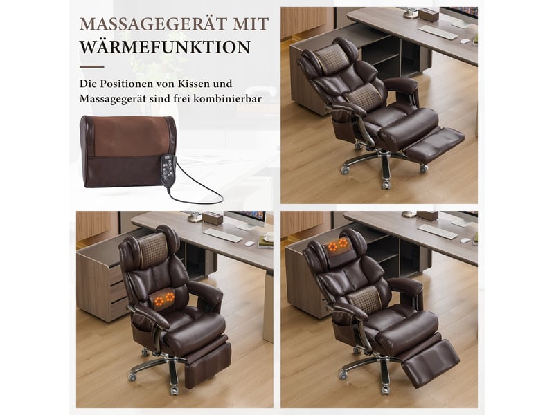  Fauteuil de bureau ergonomique avec massage et chauffage, cuir pu, brun  - Conforama D