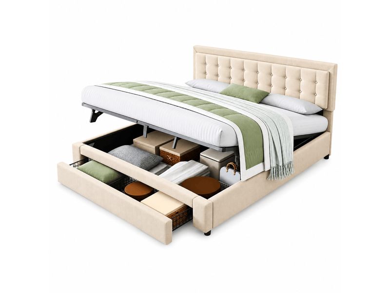  Lit coffre 180x200 cm en velours, rangement hydraulique avec tiroirs, tête de lit réglable, grand rangement, beige  - Conforama A