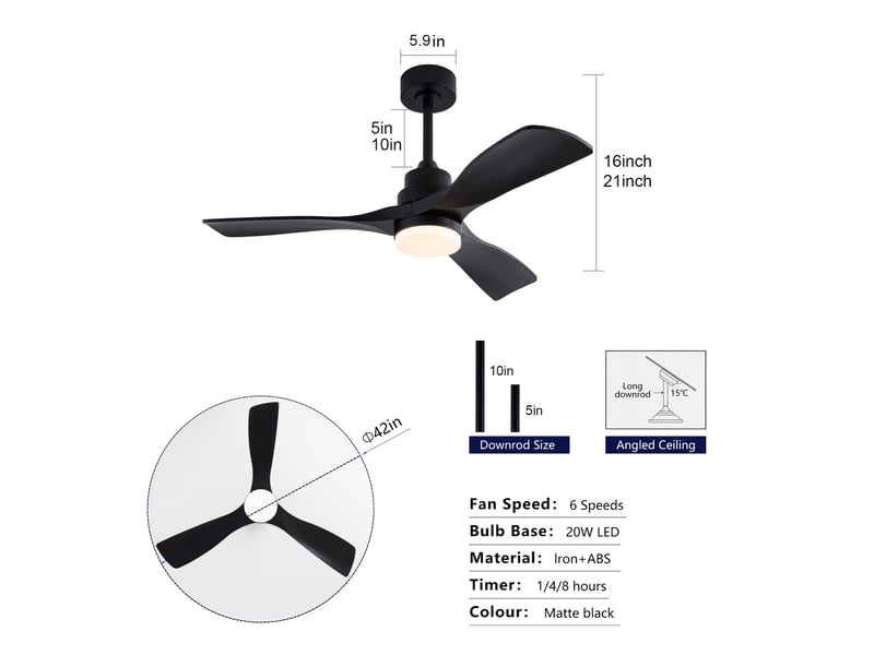  Ventilateur de plafond 107x107x40 cm noir en abs, avec lumière led 20 w et télécommande 6 vitesses  - Conforama C
