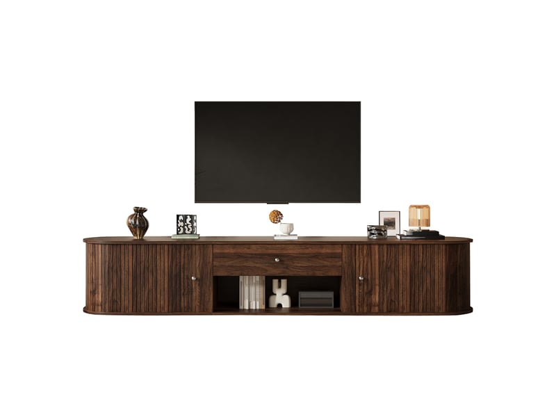  Meuble tv 180 cm avec rangement, 2 portes roulantes et tiroir, design noyer avec rayures verticales, pour tv jusqu'à 75 pouces  - Conforama A