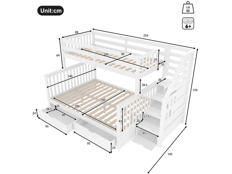  Lit superposé, 90x200 cm et 140x200 cm, avec tiroirs, solution de rangement, matelas non inclus, bois, coloris blanc  - Conforama C