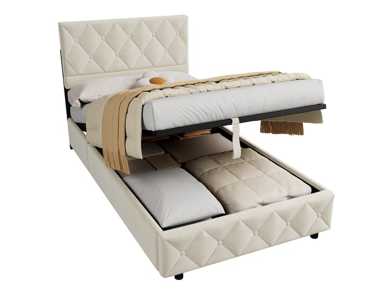  Lit coffre 90x190 cm avec sommier et tête de lit, velours, beige  - Conforama A