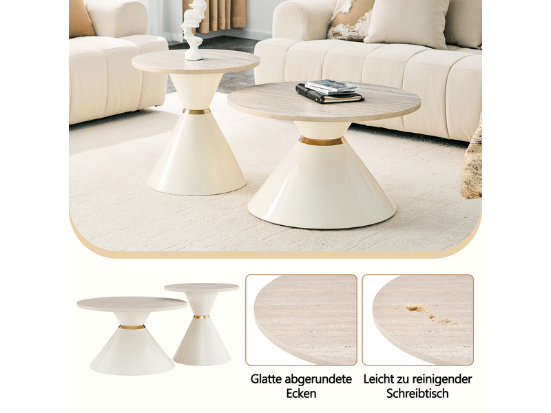  Table basse lot de 2 pièces tables gigognes plateau en mélamine effet travertin structure en métal blanc crème accents dorés gain de place  - Conforama E