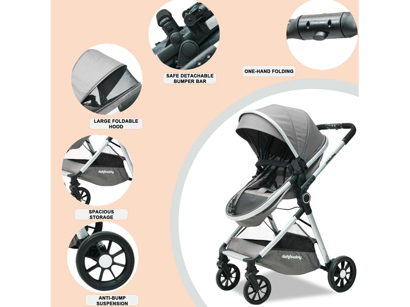 Poussette 2 en 1 80x62x103 cm réversible gris antique - Conforama C