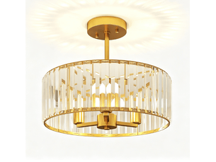 Plafonnier, lustre design, abat-jour en cristal, 3 ampoules, métal, couleur or