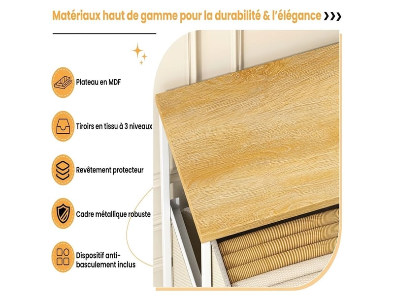  Chiffonnier neuf tiroirs tissu meuble de rangement 76 cm blanc beige moderne  - Conforama C