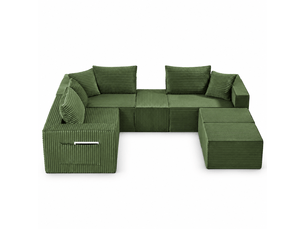 Canapé modulable 6 places en velours côtelé vert, assise souple et composition flexible