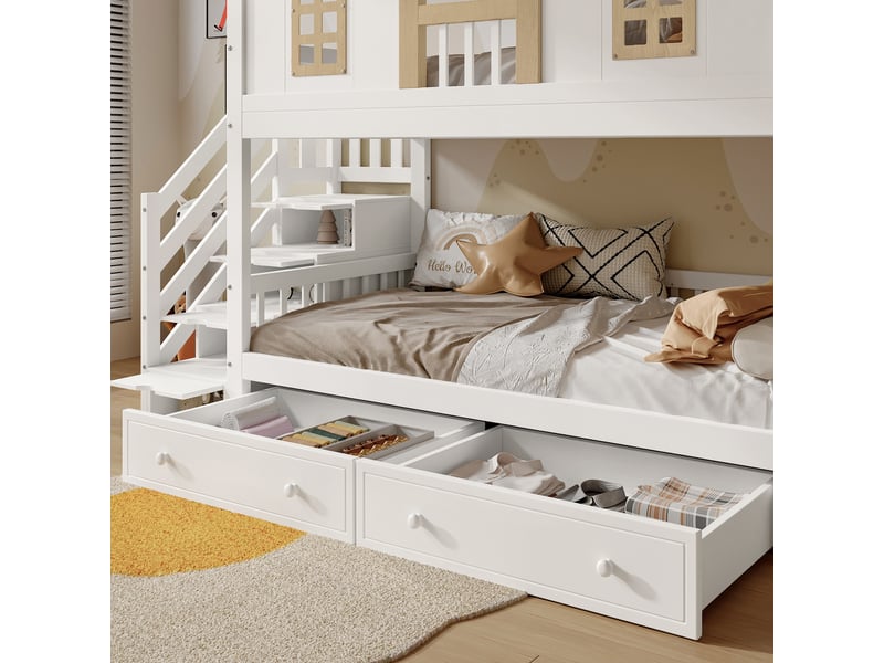  Lit superposé enfant 90 × 200 cm 2 places avec escalier coffre et tiroirs, sans matelas, en bois, blanc et naturel  - Conforama E