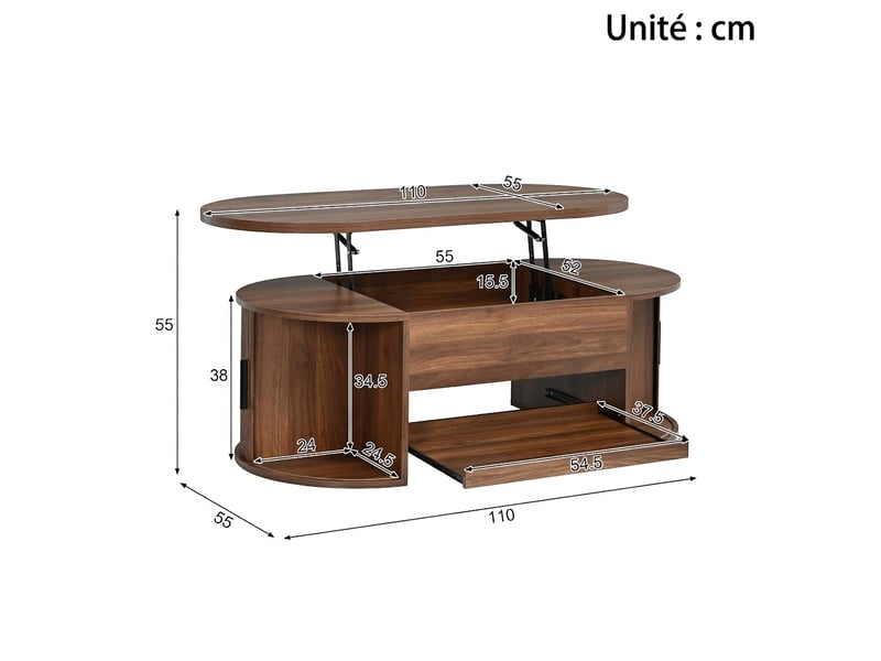  Table basse relevable avec rangement caché, plateau extensible, portes coulissantes, mdf noyer  - Conforama C