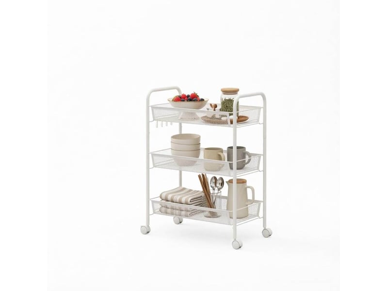  Desserte de rangement 3 niveaux 45 x 26,5 x 63 cm blanc en acier, paniers et roulettes verrouillables  - Conforama A