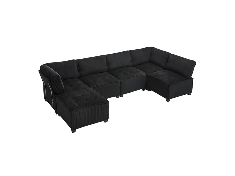  Canapé d’angle modulable 6 places 308x154x81,99 cm, forme u-l et fonction couchage, poches de rangement, structure bois-métal, velours côtelé noir  - Conforama A