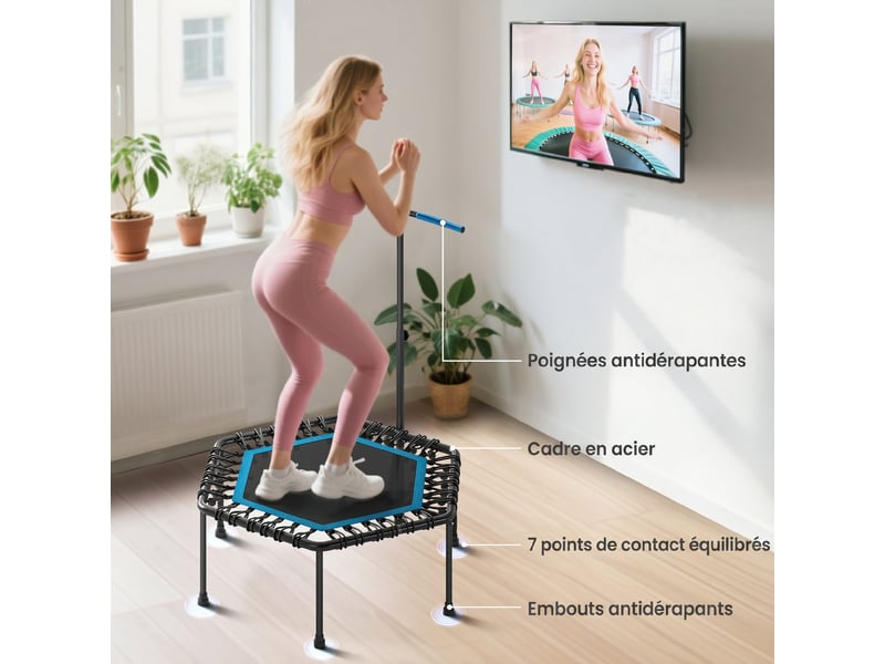 Trampoline de fitness 114 cm, cordes élastiques, poignée réglable 3 positions, trampoline d'exercice silencieux, bleu - Conforama R