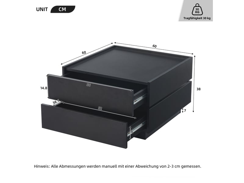  Table basse carrée 60x60x38 cm noire pivotante à 360° avec 2 tiroirs  - Conforama C