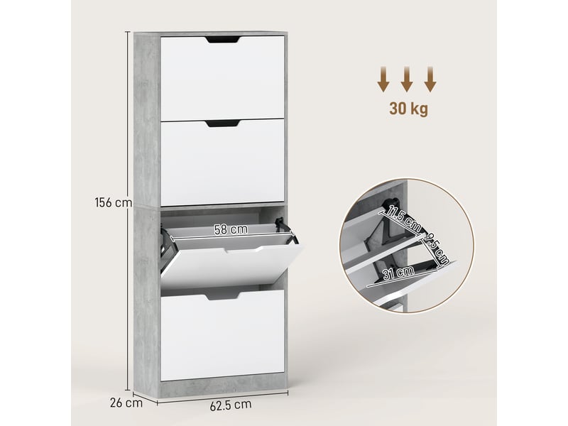 Meuble à chaussures étroit gris béton, 4 portes, 16 paires, 62,5 x 26 x 156 cm - Conforama E