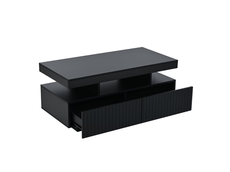  Table basse 100 x 50 x 45 cm avec deux tiroirs, à rayures verticales, thermoformée, table de salon, table basse avec bande lumineuse led, noire  - Conforama D