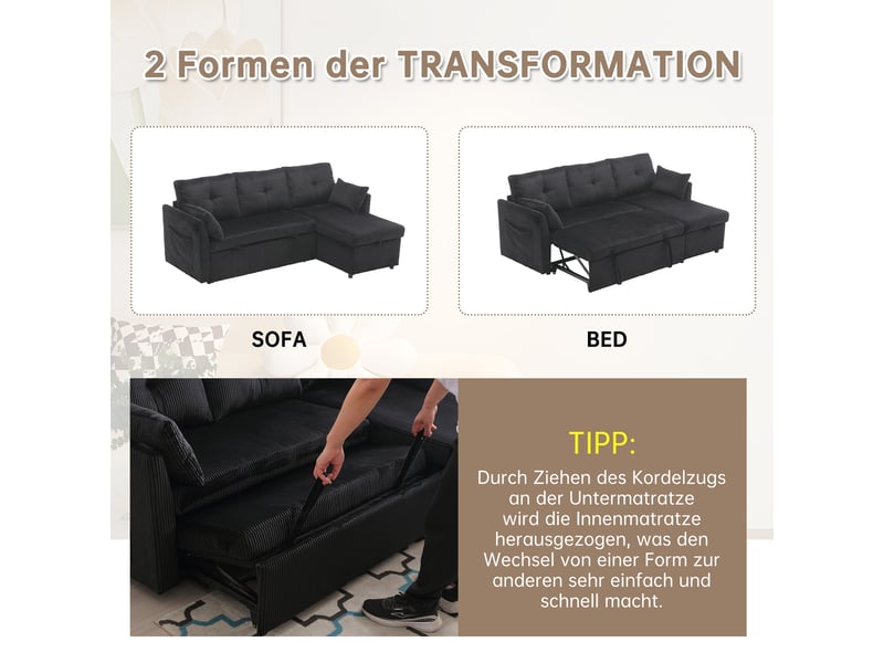  Canapé d'angle convertible 3 places 206x108x66 cm, méridienne réversible avec coffre, rangements latéraux, velours côtelé noir  - Conforama E