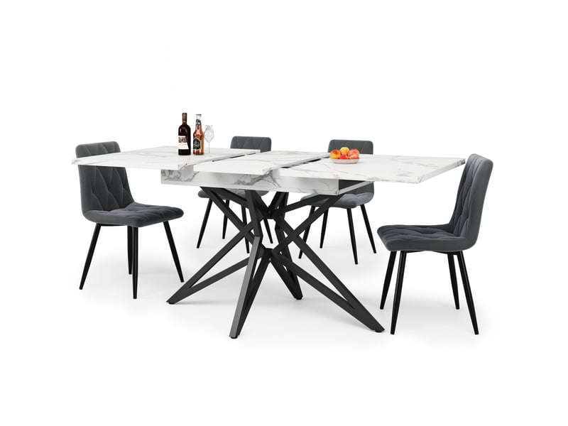 Ensemble table et chaises table extensible et 4 chaises, plateau effet marbre, en mdf et métal blanc - Conforama A