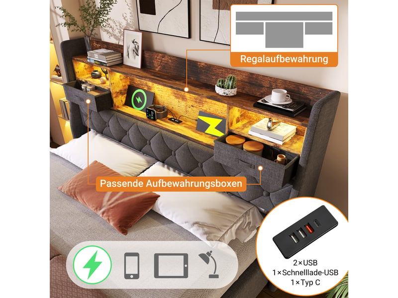 Lit rembourré, lit double 160x200 cm, rangement hydraulique, led, usbusb-c, sommier à lattes, matelas inclus, lin gris - Conforama W