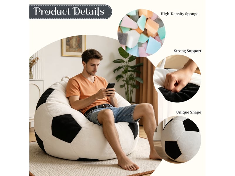  Fauteuil pouf rond motif ballon de football avec garnissage en mousse à mémoire de forme, en flanelle blanc et noir  - Conforama C