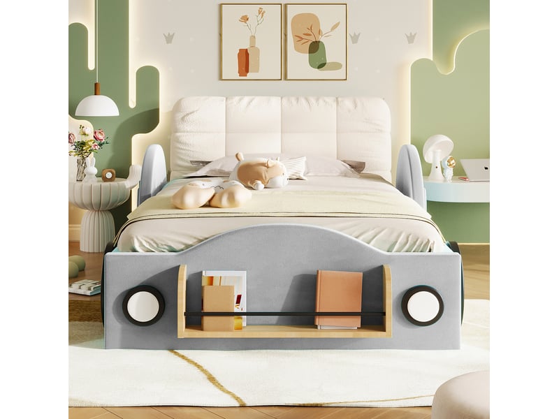  Lit coffre enfant 90x200 cm, mdf gris, équipé de design voiture, de tête de lit et de sommier à lattes, sans matelas  - Conforama D