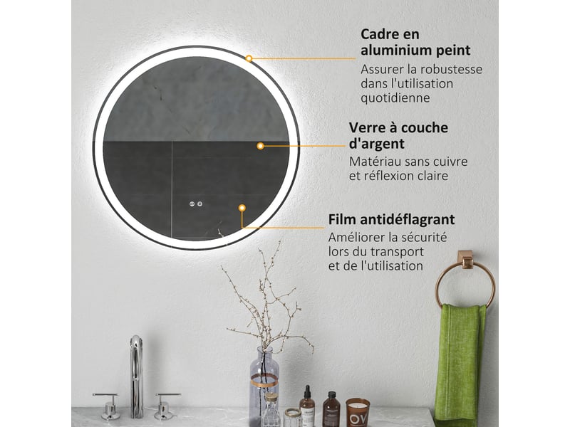  Miroir rond lumineux led de salle de bain  60 cm mural avec éclairage 3 couleurs tactile interrupteur 29w blanc argent  - Conforama W