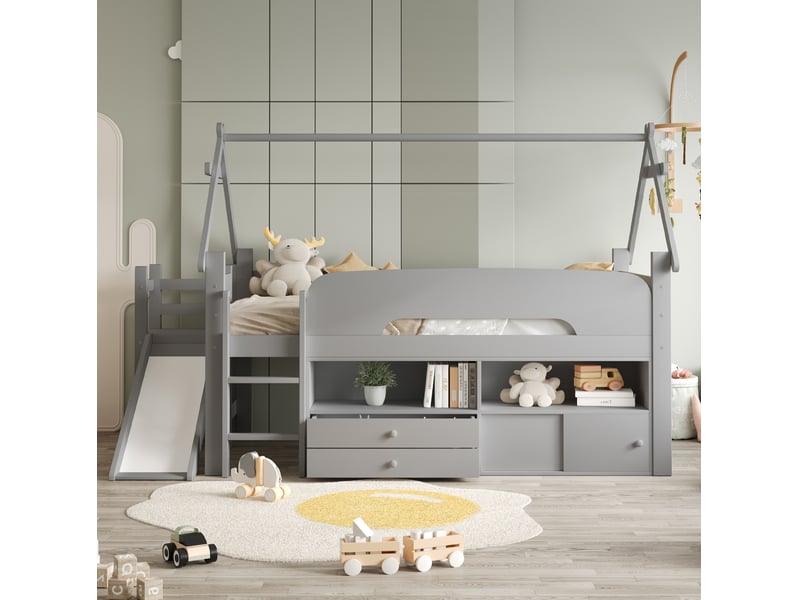  Lit surélevé enfant 90x200 cm avec toit, toboggan, rangements et barrières gris  - Conforama E